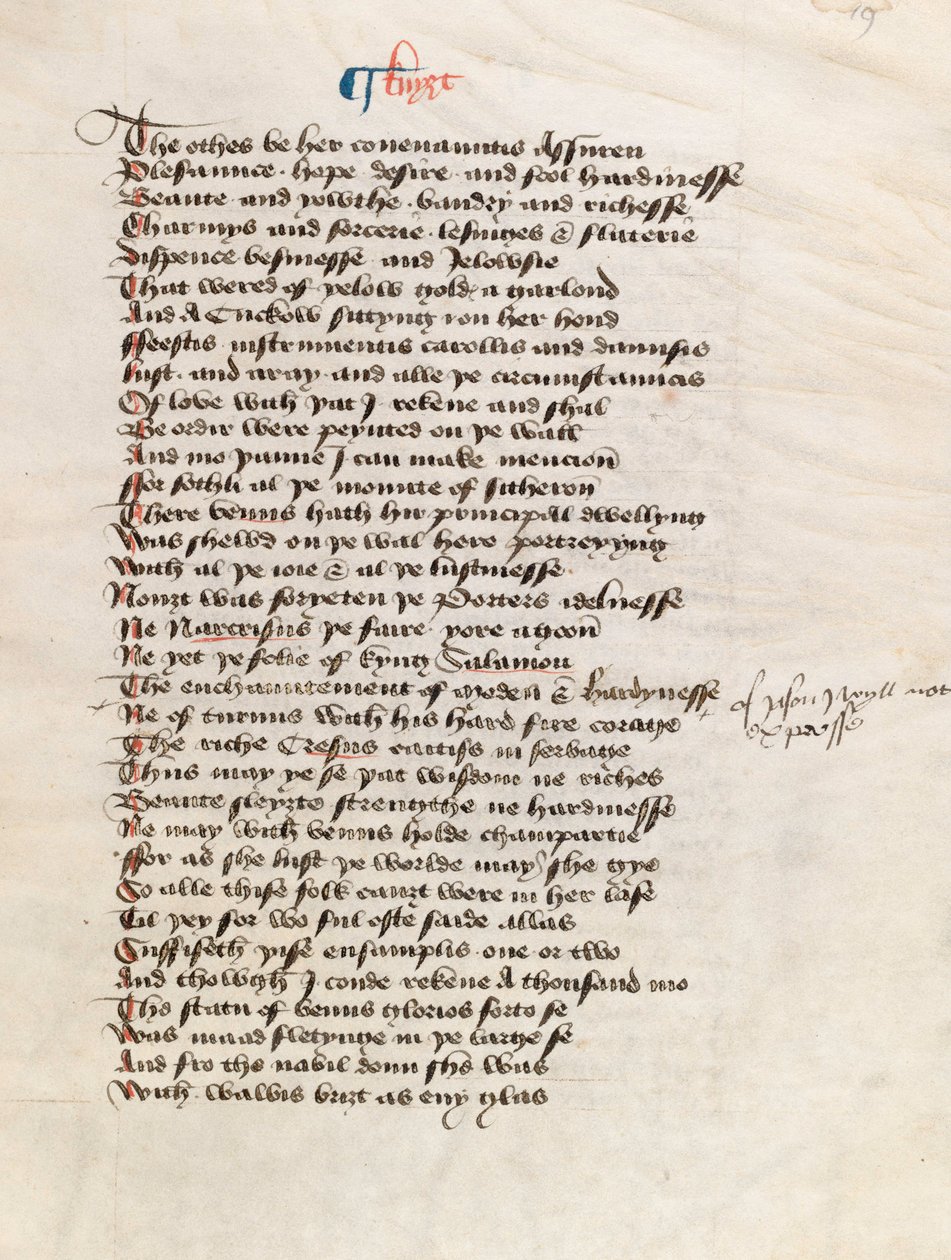 Ms. New Coll 314, f19r, The Canterbury Tales by Geoffrey Chaucer (parşömen üzerine kalem ve mürekkep) by English School