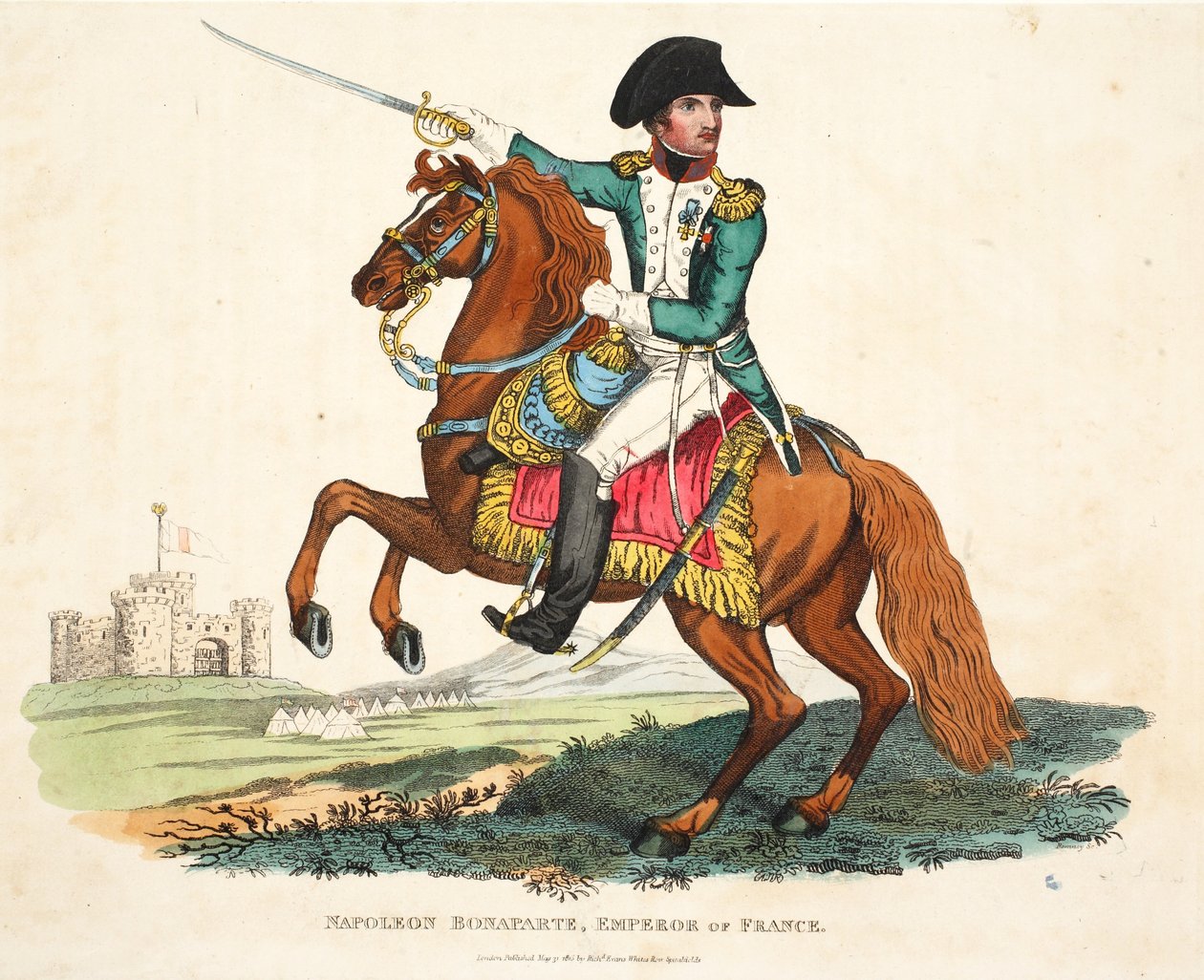 Napolyon Bonapart, Fransa İmparatoru, Romney tarafından oyulmuş, pub. Richard Evans tarafından, William Mudford tarafından yazılan Waterloo Savaşının Tarihsel Hesabından bir örnek, 1816 by English School