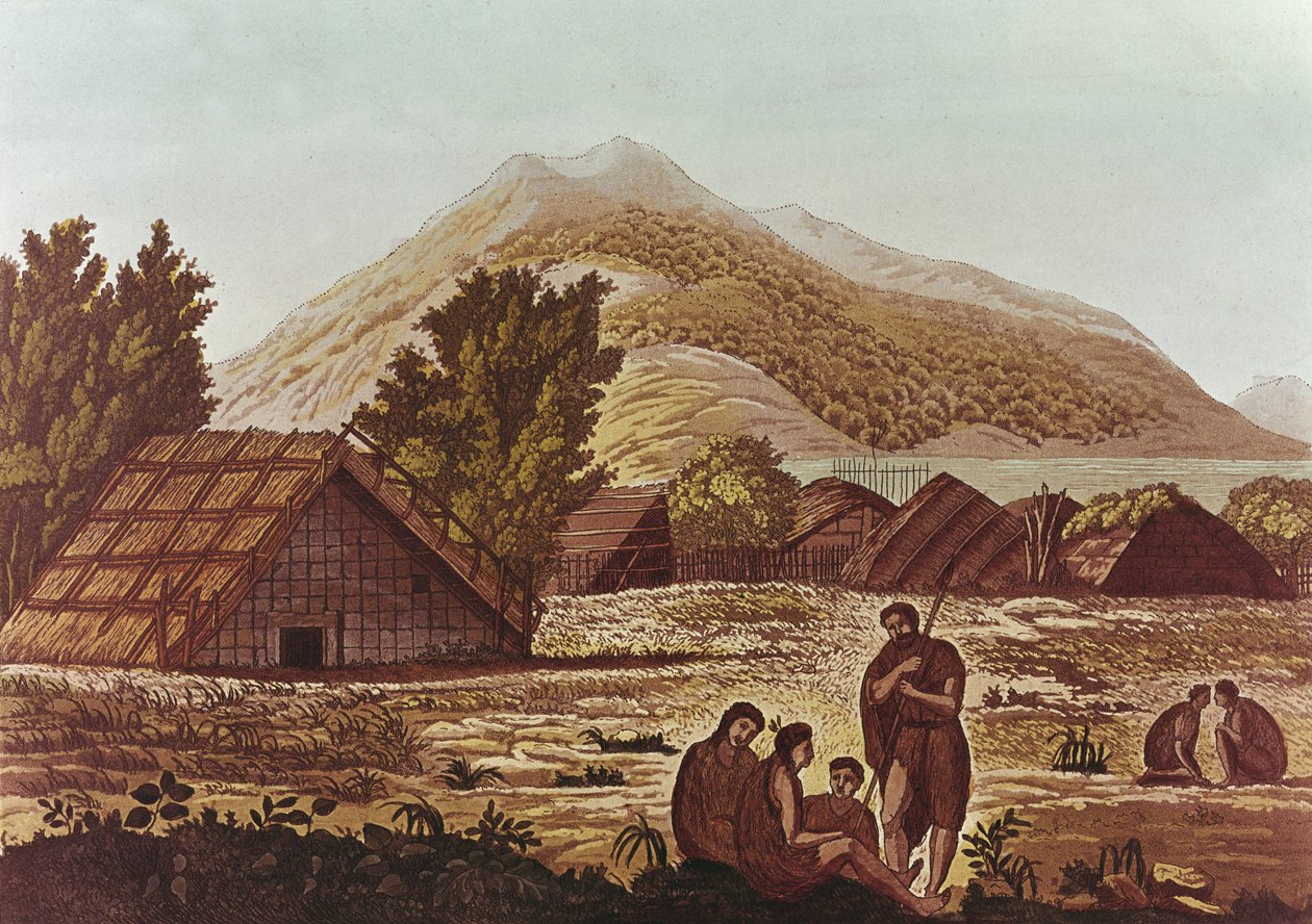 Yerliler, Arkasında Kulübeler ve Dağlar, F. Fumagalli tarafından oyulmuş (renkli gravür) by English School