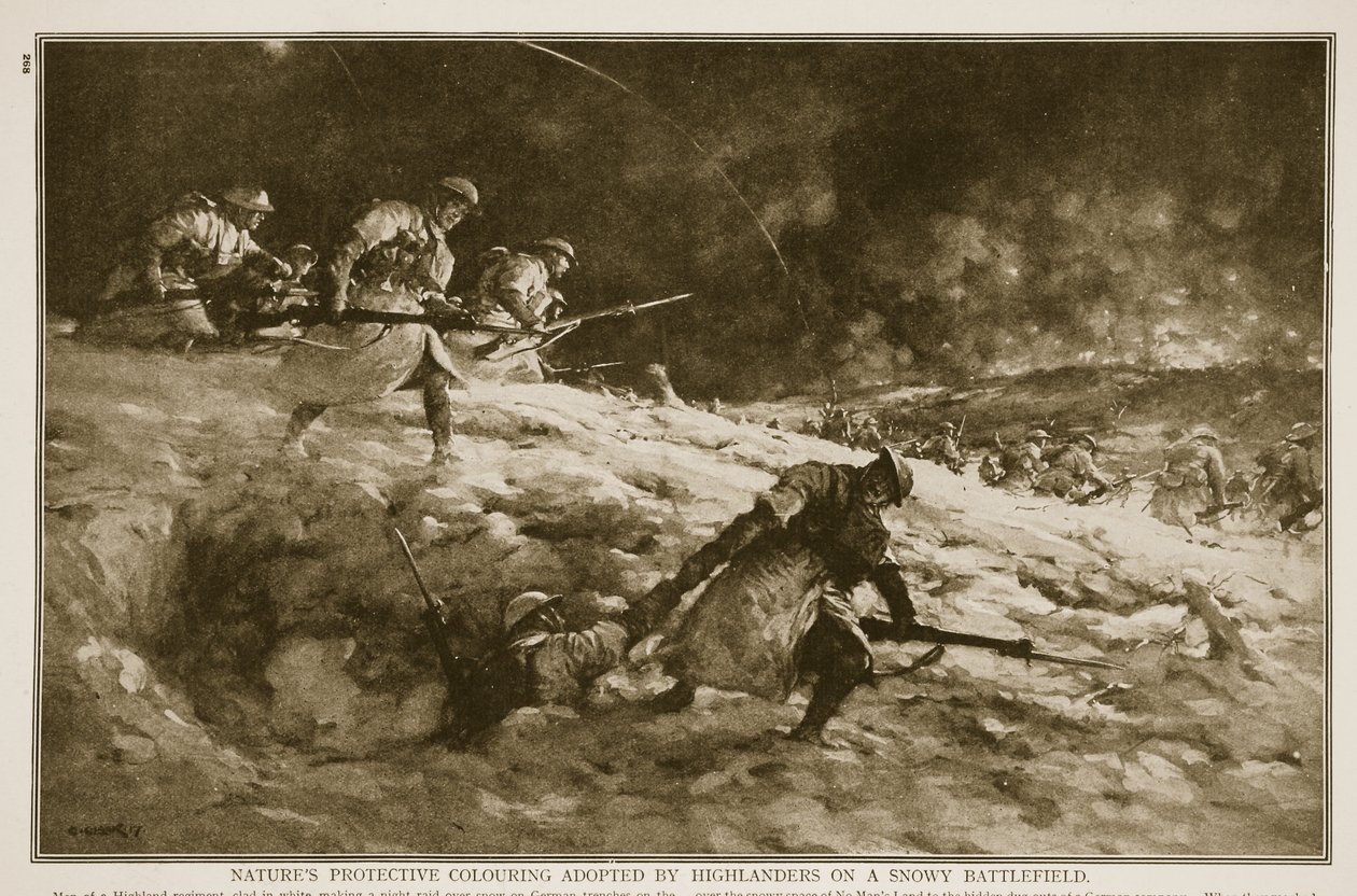 Highlanders tarafından karlı bir savaş alanında benimsenen Natures koruyucu boyama, 1914-19 by English School