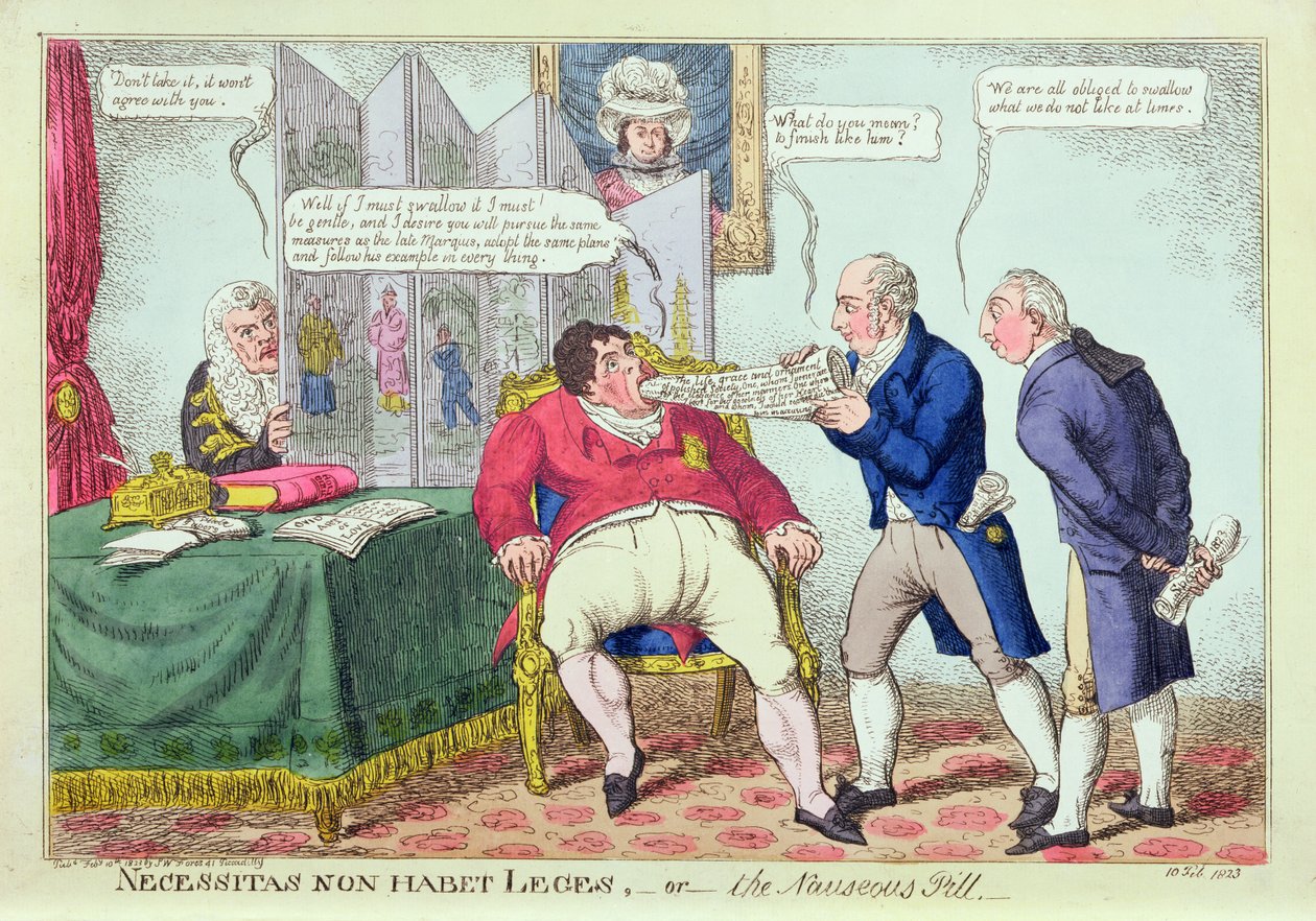 Zorunluluğun Yasaları Yok veya Bulantı Hapı, 1823 (el renkli gravür) by English School