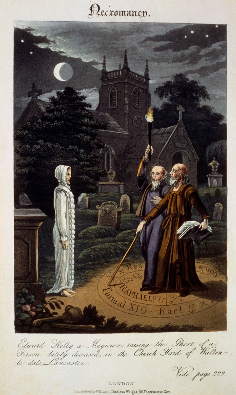Necromancy: Edward Kelly, Robert Cross'un 'Ondokuzuncu Yüzyılın Astrologu'ndan Walton-le-dale, Lancaster'ın Church Yard'ında son zamanlarda ölen bir Kişinin Hayaletini yetiştiren bir sihirbaz by English School