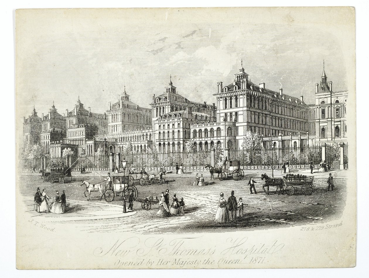 Yeni St. Thomass Hastanesi, Majesteleri Kraliçe 1871 tarafından açıldı, pub. J.T. Odun by English School
