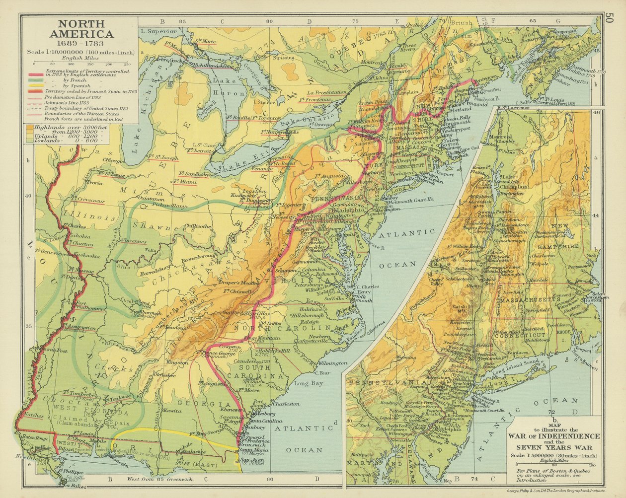 Kuzey Amerika 1689-1783 (renkli taş baskı) by English School