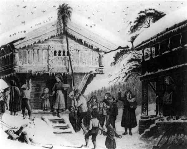 Norveç Geleneği: Kuşlar için demetler koymak (litho) by English School