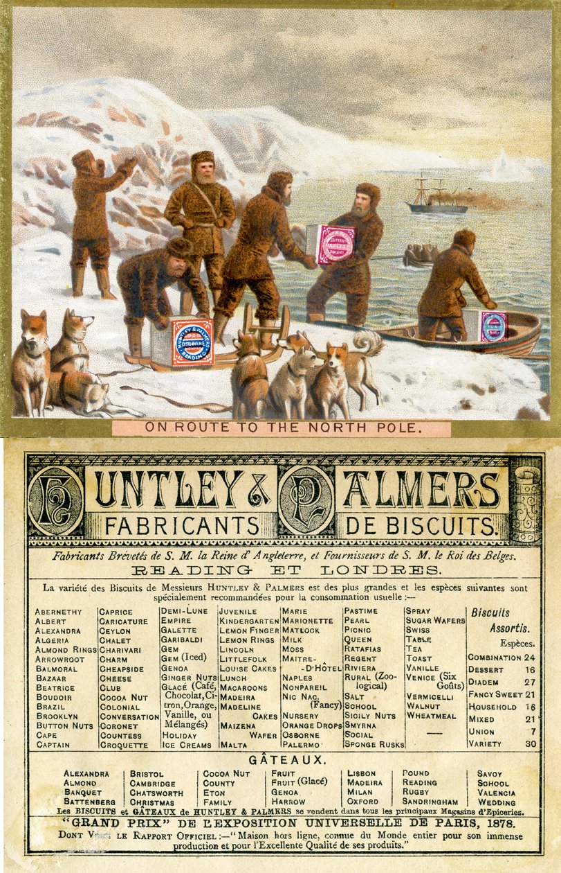 Kuzey Kutbuna Giden Yolda, Fransız pazarı için üretilmiş Huntley & Palmers Biscuits için bir promosyon kartının ön ve arka yüzü, 1890 by English School