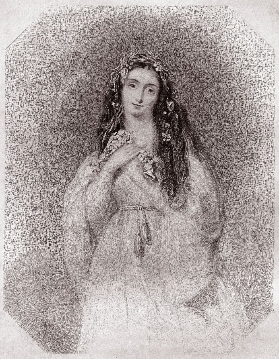 Ophelie (Ophelia) (Hamlet) - “” Shakespeare Kadın Galerisi, erken dönem Londra sanatçıları tarafından eleştirel ve edebi notlarla zenginleştirilmiş kırk beş ciddi portre koleksiyonu”””” 1838 dolaylarında - “” Shakespeare Kadınları Galerisi