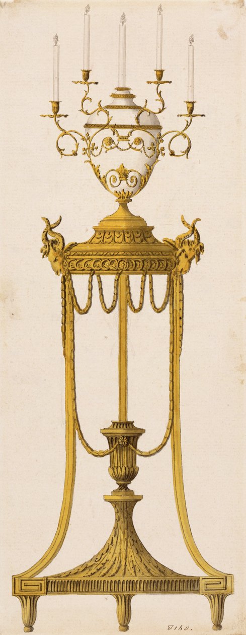 Bir tripod ve mumlar için vazo için özgün tasarım, Robert ve J. Adam, 1773 tarafından "Works in Architecture"dan by English School