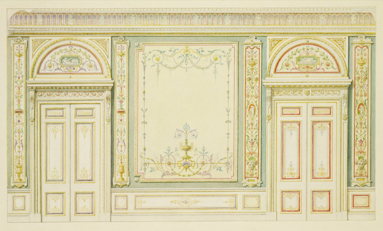 Robert Adam (1728-92) tarzında süslü kapılar ve duvar dekorasyonu by English School