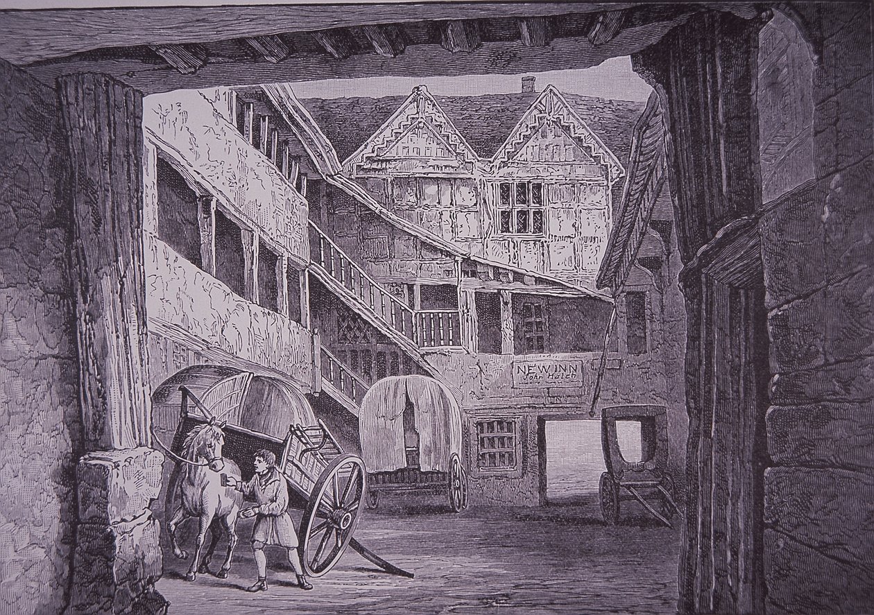 New Inn, Gloucester (ahşap oyma) avlusunda ata katılan Ostler by English School