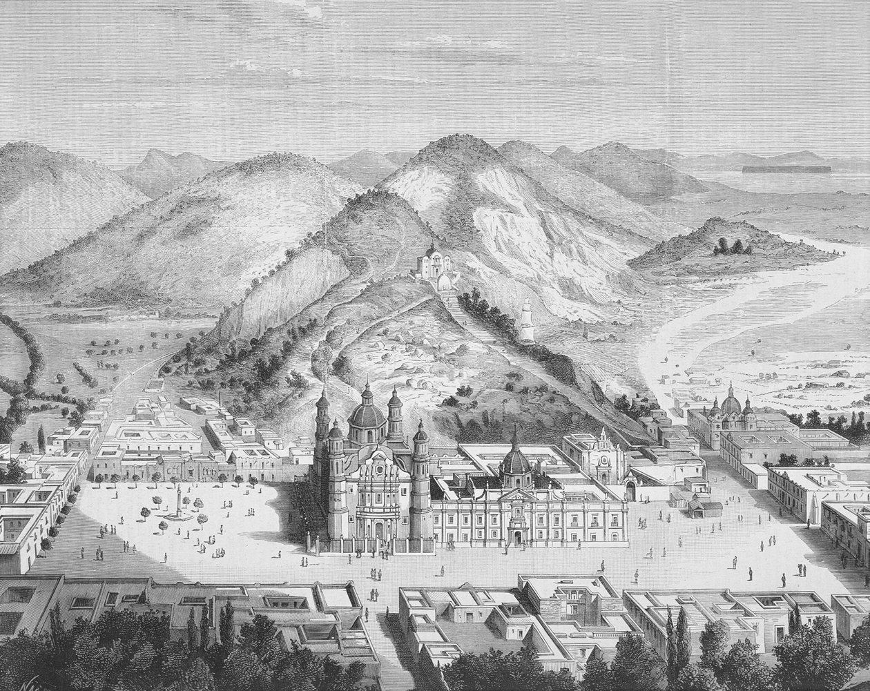 Basilica de Guadalupe'nin Panoramik Görünümü, Mexico City 1880'ler (gravür) by English School