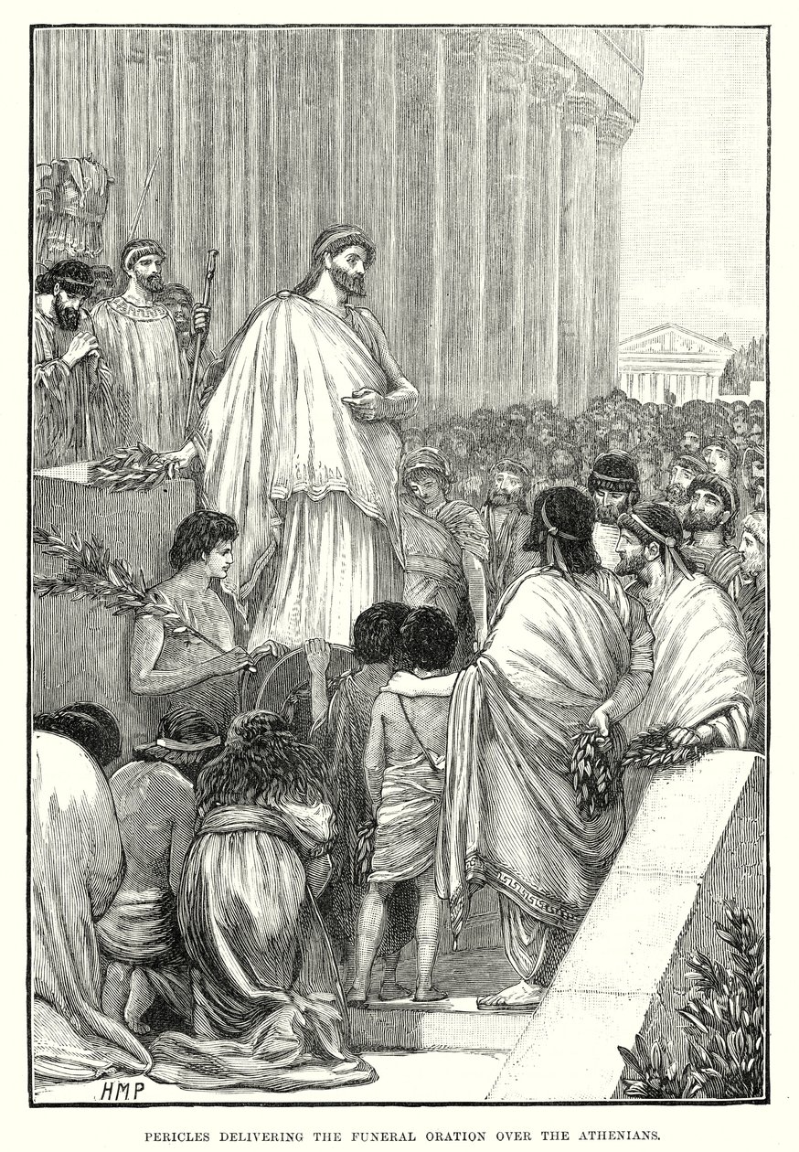 Perikles Atinalılara cenaze konuşmasını yaparken (gravür) by English School