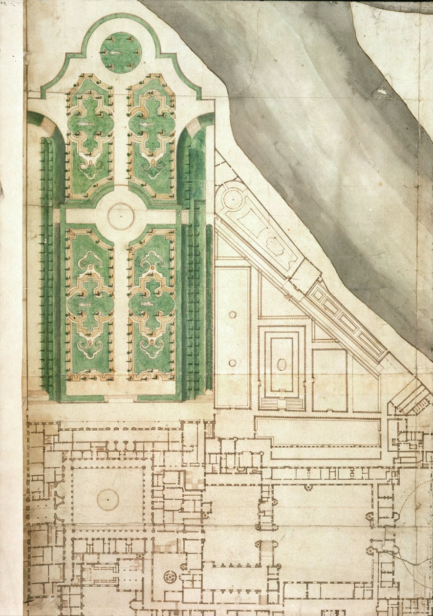 Hampton Court ve bahçelerinin planı, c.1714 (kağıt üzerine kalem & mürekkep ve wc) by English School