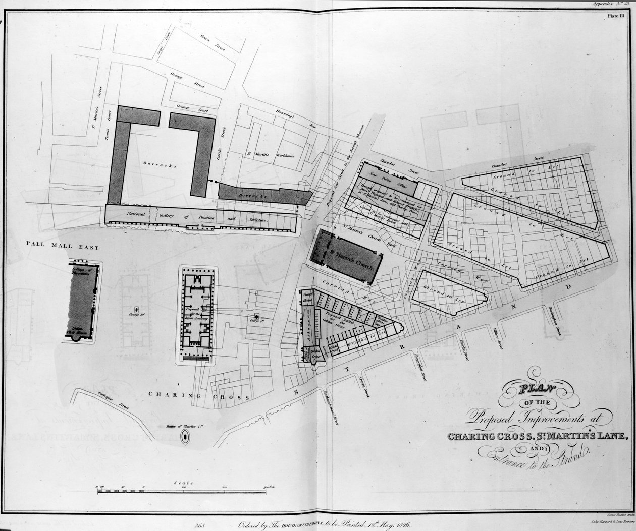 Charing Cross, St. Martins Lane ve Strand Girişinde Önerilen İyileştirmelerin Planı, James Basire tarafından oyulmuş, 1826 by English School