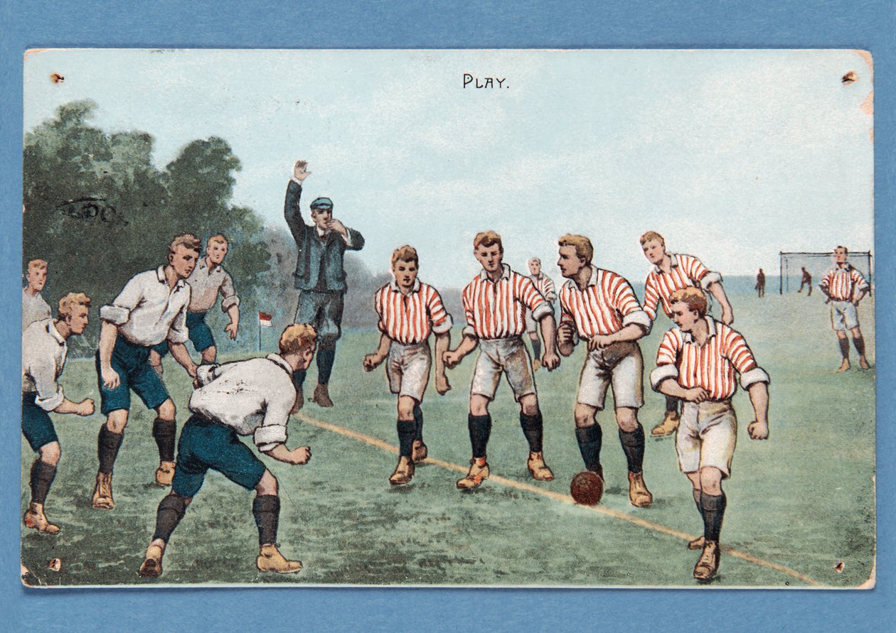 Oyun, bir futbol maçını gösteren kartpostal; by English School