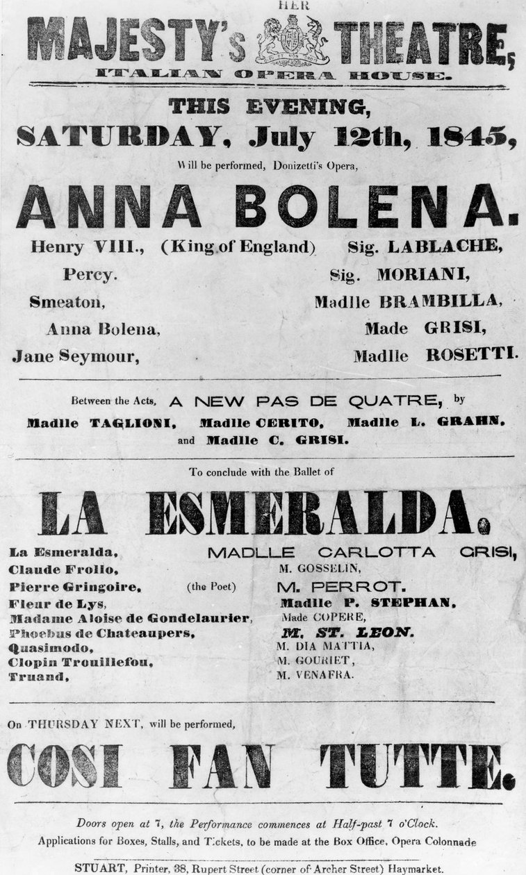 Majestelerinin Tiyatrosu için Playbill, İtalyan Opera Binası, 1845 (basılı kağıt) by English School