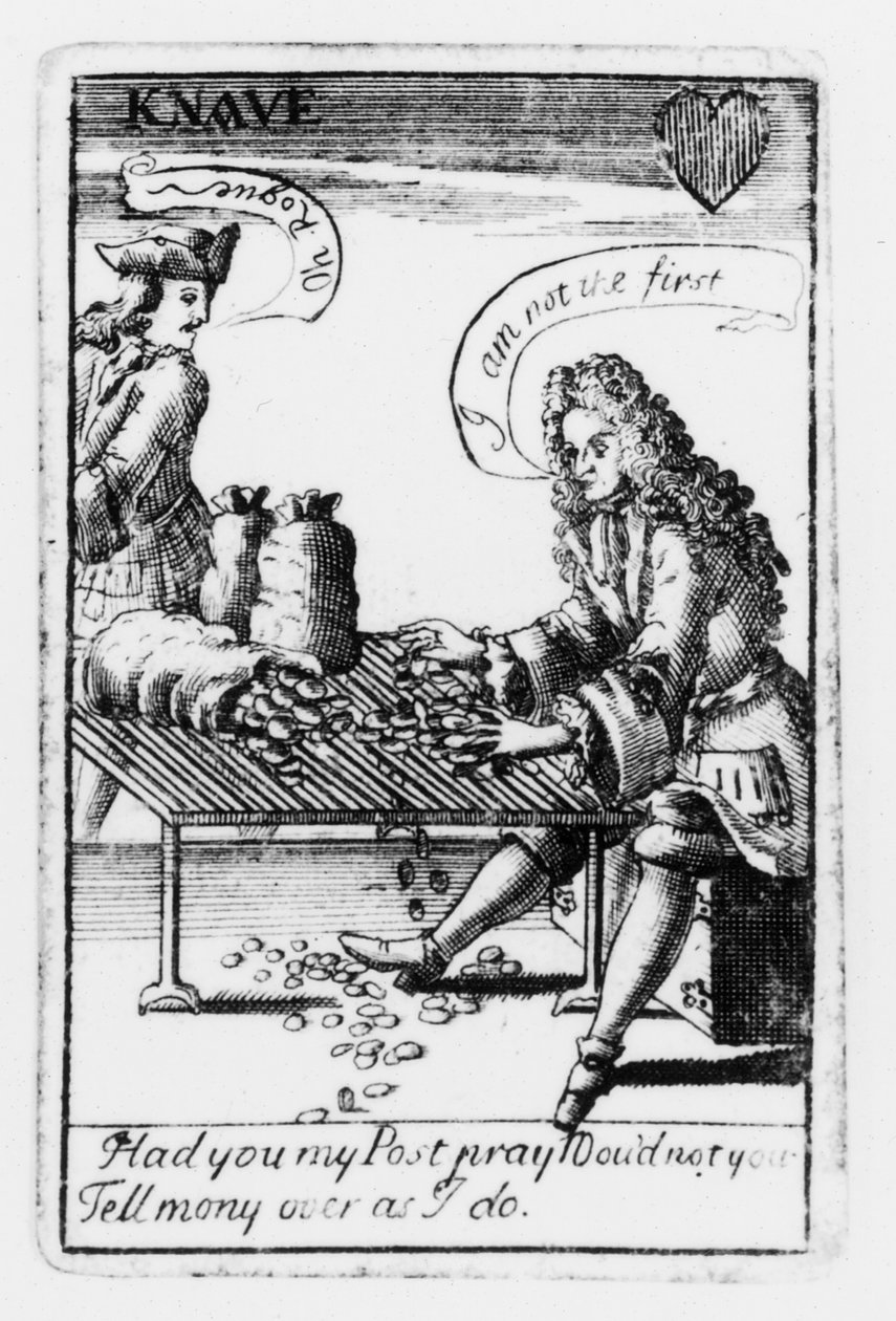 İspanya Veraset Savaşı anısına iskambil kağıtları, kalp takımı, c.1707 (gravür) (siyah beyaz fotoğraf) (115651 detayı) by English School