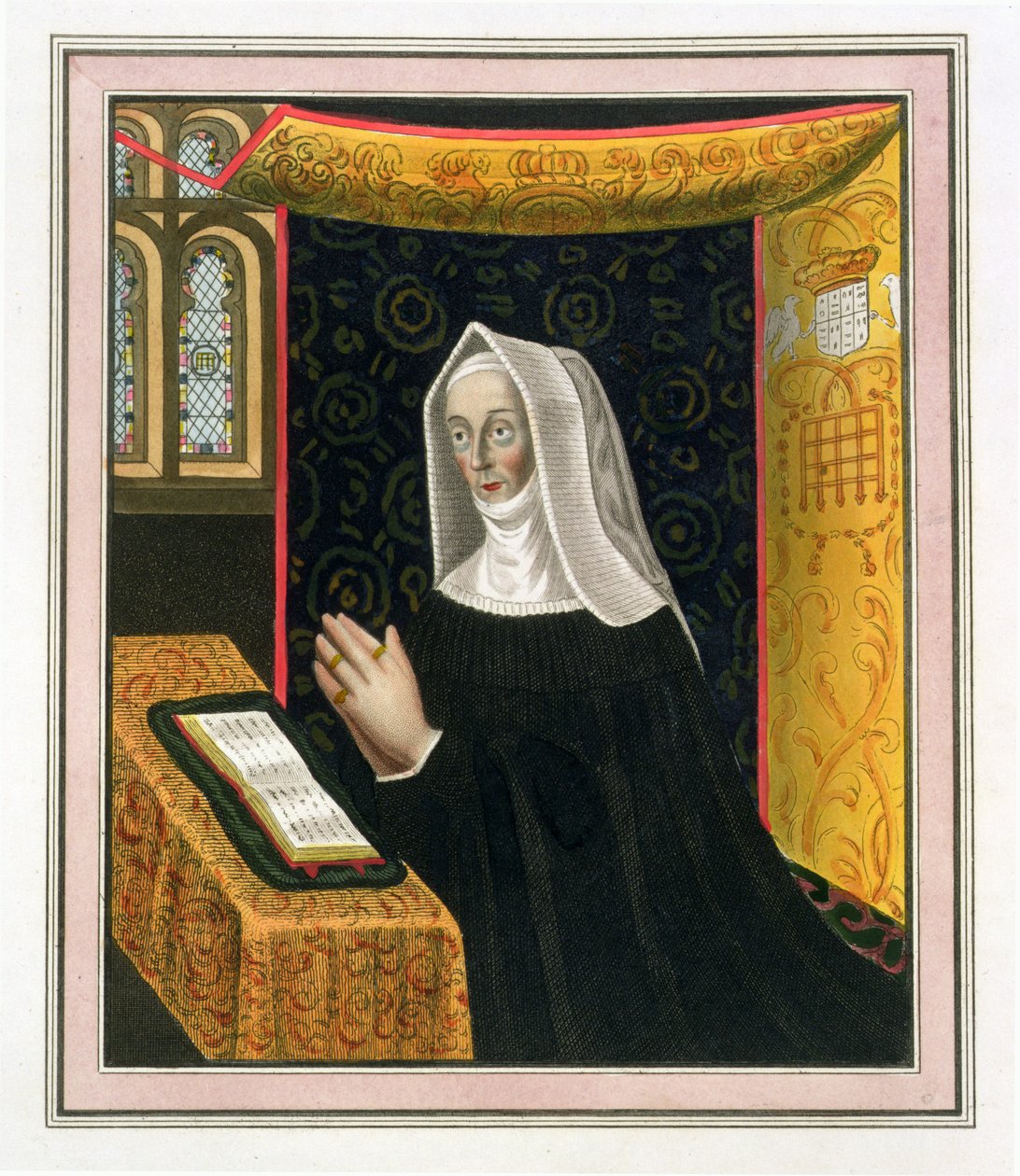 Margaret Beaufort, Richmond Kontesi ve Derby (1443-1509), St. Johns College Kurucusu, Cambridge, Cambridge, Cambridge Tarihinden, pub. R. Ackermann, 1815 (renkli aquatint) by English School
