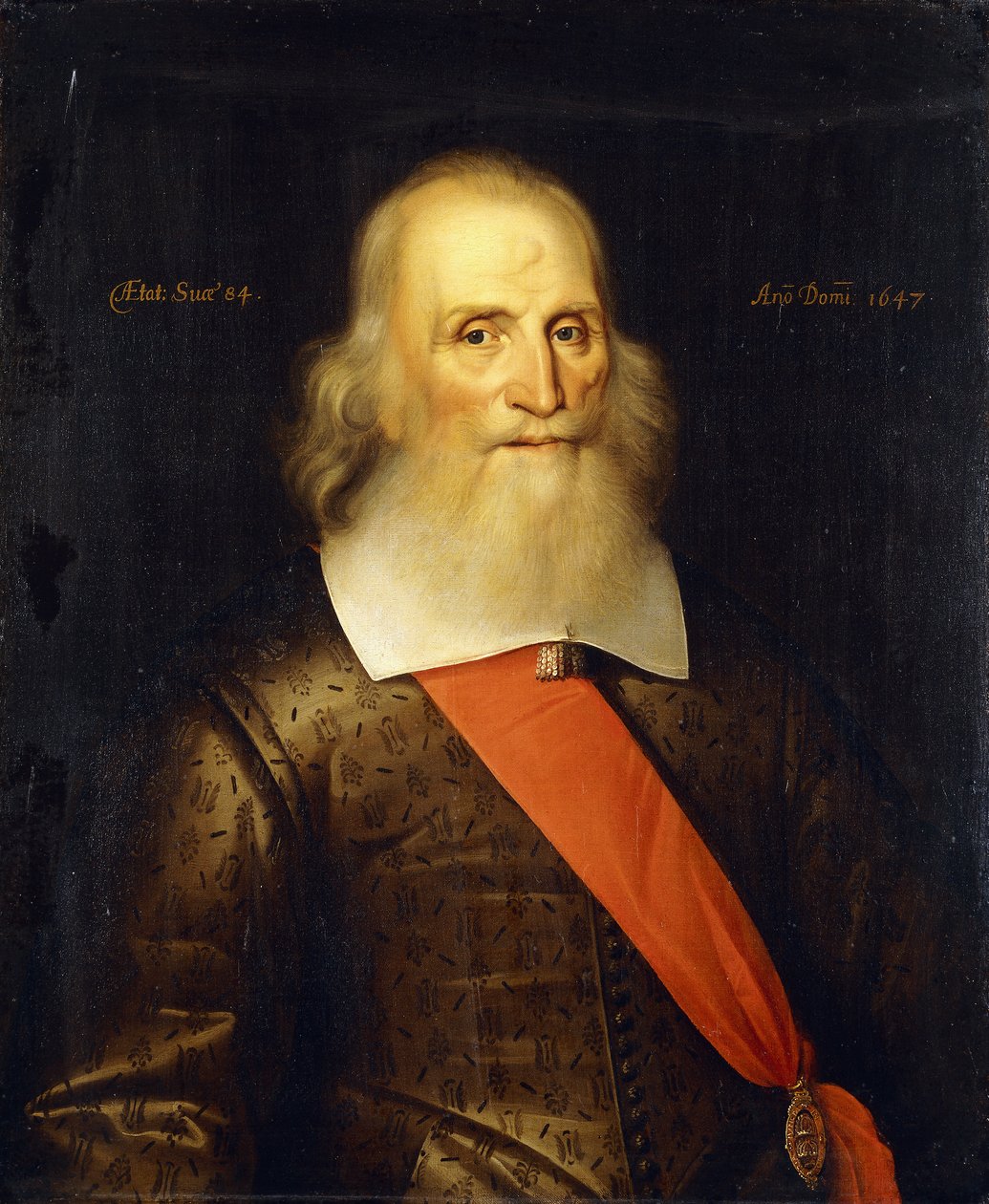 Portrait of Sir Oliver Cromwell, Aged 84, Half Length, in an Embroidered Doublet with a White Collar and Red Sash, 1647 by English School