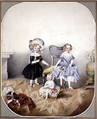 Süslü Elbiseli Üç Mavi Gözlü Kızın Portresi, 1840 dolayları (kağıt üzerine suluboya) by English School