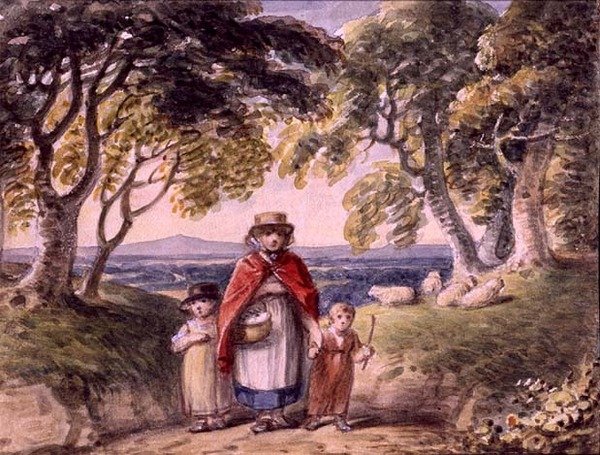 Orman Manzarasında Bir Kadın ve İki Çocuk Portresi, 1820 dolayları (kağıt üzerine suluboya) by English School