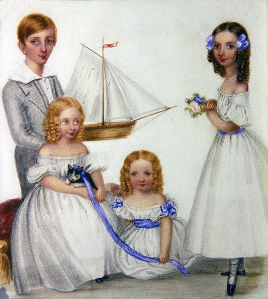 Yelkenli ve kedi yavrusu tutan dört çocuğun portresi, 1830 dolayları (kağıt üzerine sulu boya) by English School