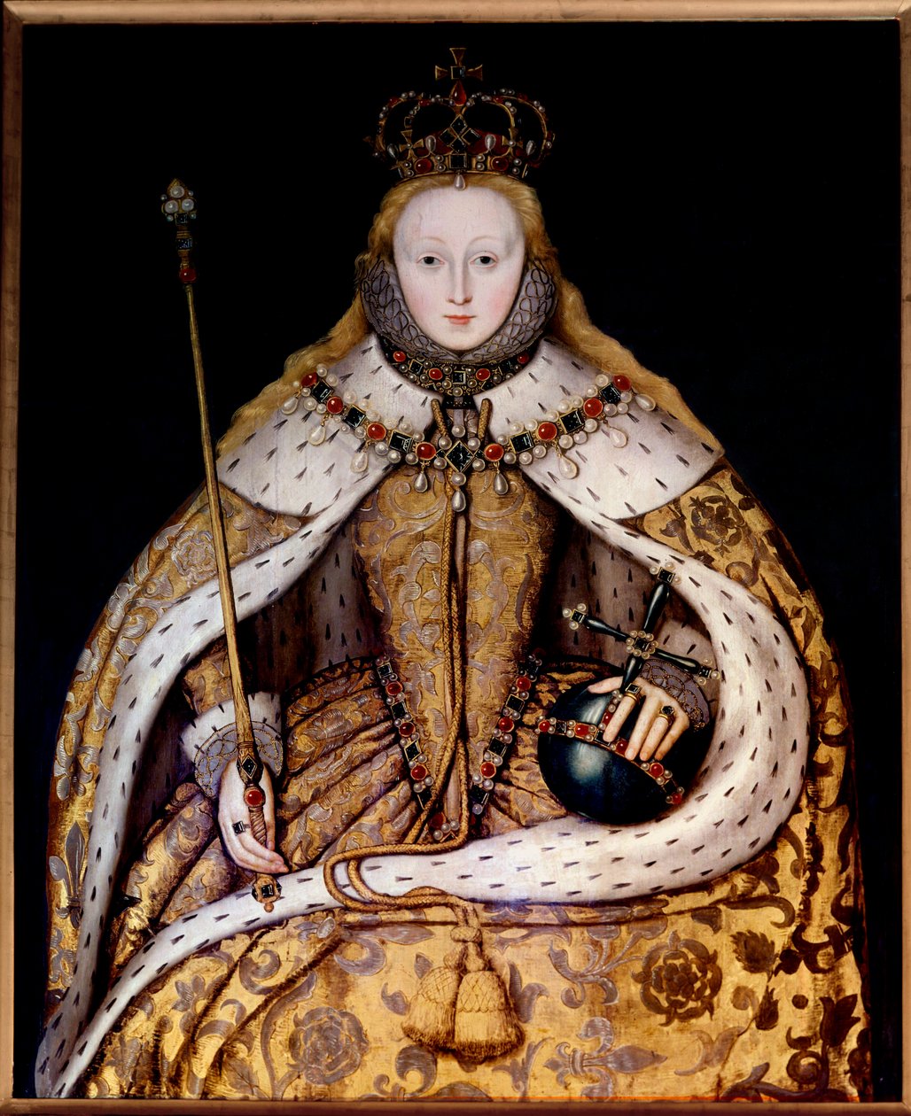 Kraliçe Elisabeth I'in taç giyme cübbesi içindeki portresi, yaklaşık 1600 (panel üzerine yağlı boya) (tuval üzerine yağlı boya) by English School