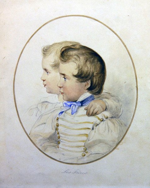 Askeri kostümlü iki kardeşin portresi, 1840 dolayları (kağıt üzerine suluboya) by English School