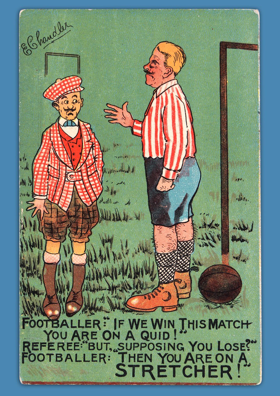 İspanyol futbolcunun karikatürünü gösteren kartpostal by English School