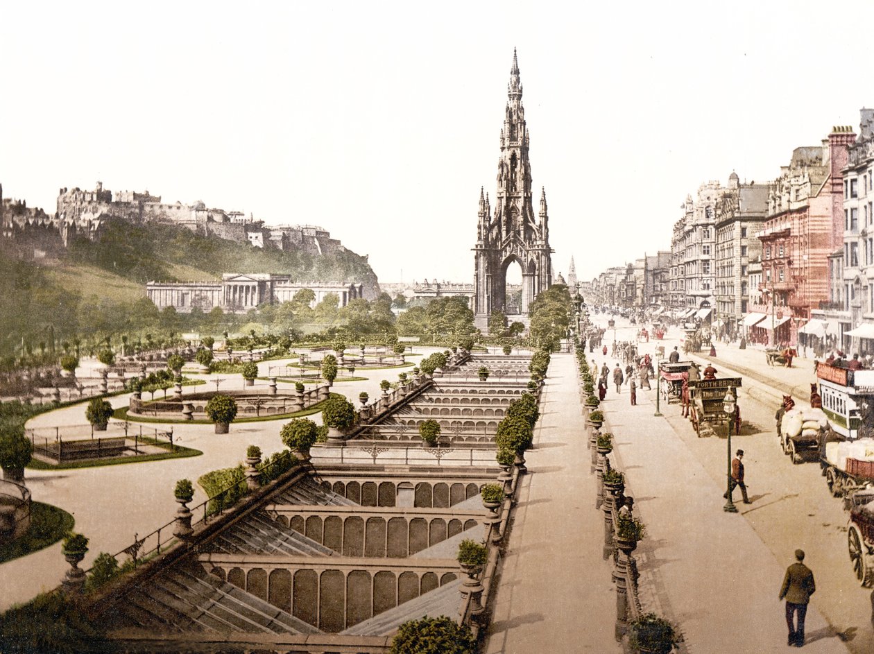 Princes Street, Castle ve Scott Anıtı, Edinburgh (el ile renklendirilmiş fotoğraf) by English School