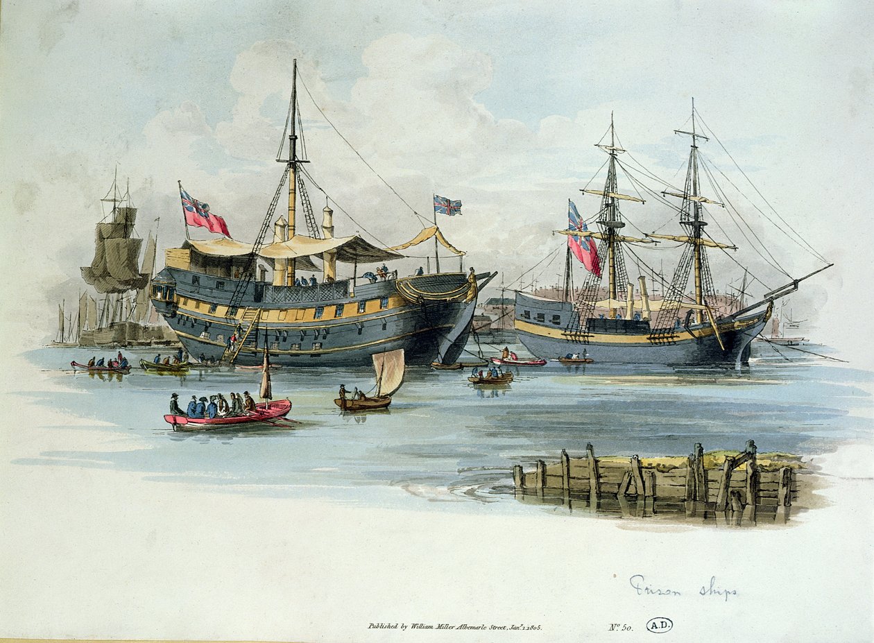 Napolyon Savaşları sırasında İngilizler tarafından Fransız mahkumları barındırmak için kullanılan Hapishane Gemileri, 1805 (renkli gravür) by English School