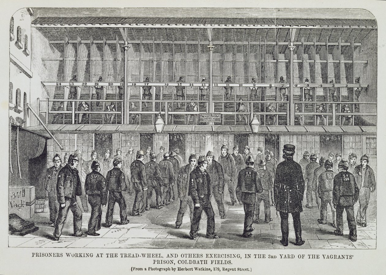 Basamak Tekerinde Çalışan Mahkumlar ve Serseriler Hapishanesinin 3. Avlusunda Egzersiz Yapan Diğerleri, Coldbath Fields, Londra Kriminal Hapishanelerinden ve Hapishane Yaşamından Sahneler Henry Mayhew (1812- by English School