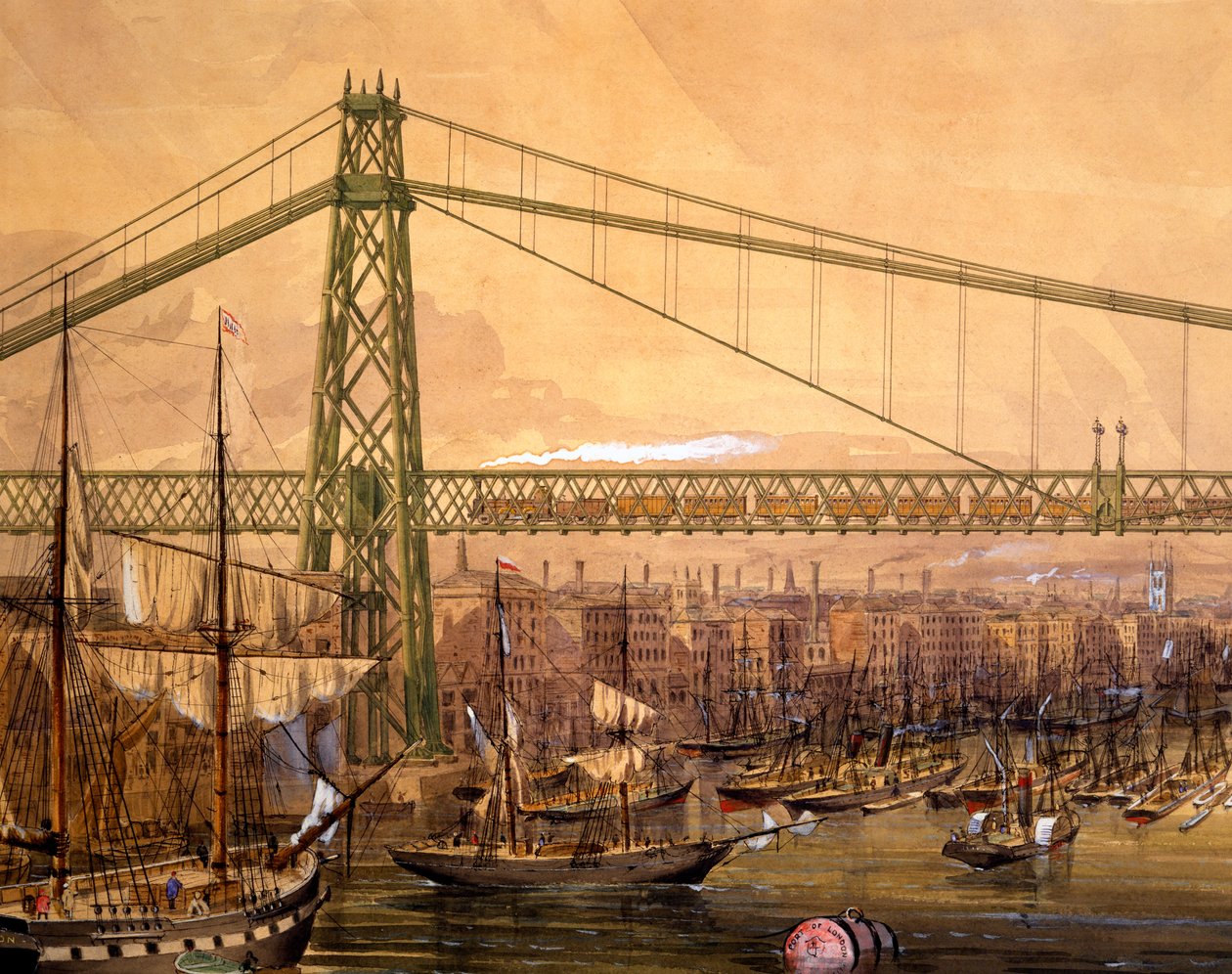 Kulenin yakınında, Thames üzerinde Önerilen Demiryolu Köprüsü (el boyaması aquatint) by English School
