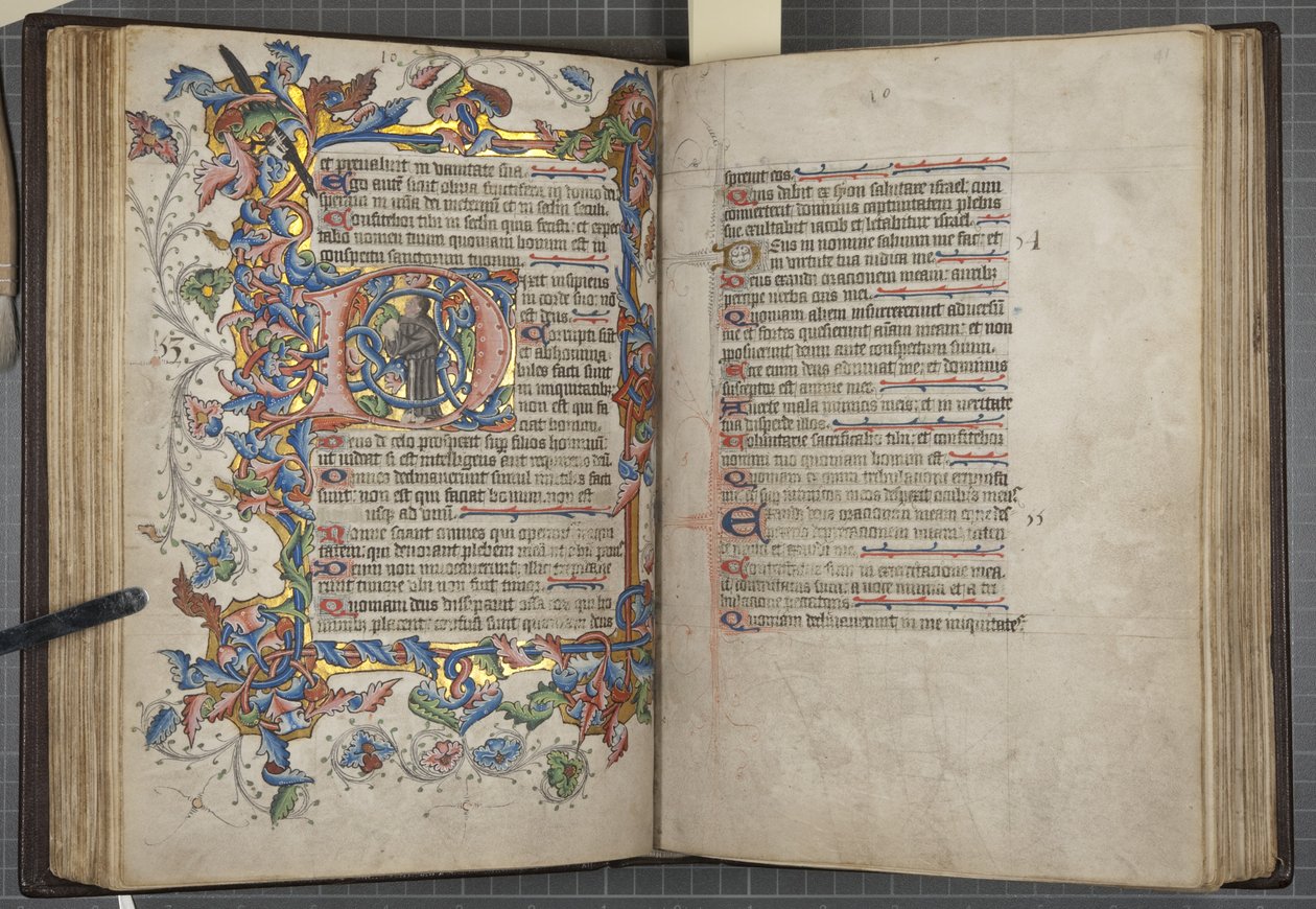 Sarumlu Zebur kullanım takvimi, Fol 40 verso 41 recto, c.1425-75 (parşömen üzerine mürekkep, boya ve altın) by English School