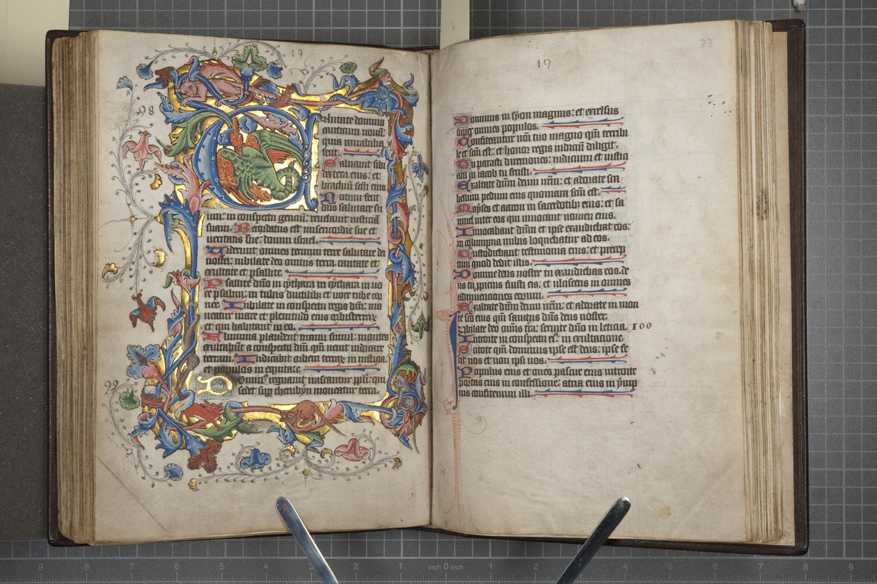 Sarum kullanım takvimi ile Zebur, Fol 72 verso fol 73 recto, c.1425-75 (parşömen üzerine mürekkep, boya ve altın) by English School