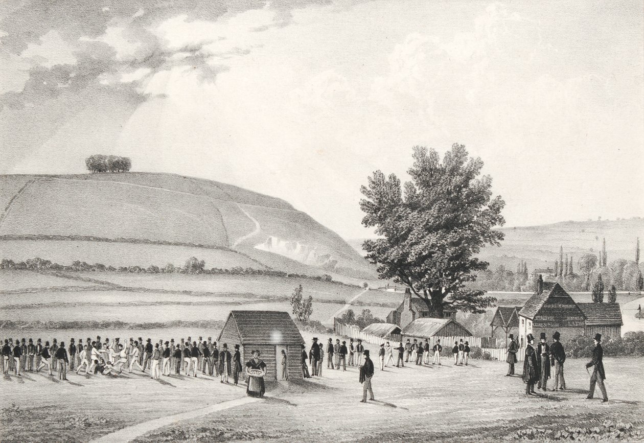 Devlet okulu çocukları (Charterhouse) futbol oynuyor (bw litho) by English School
