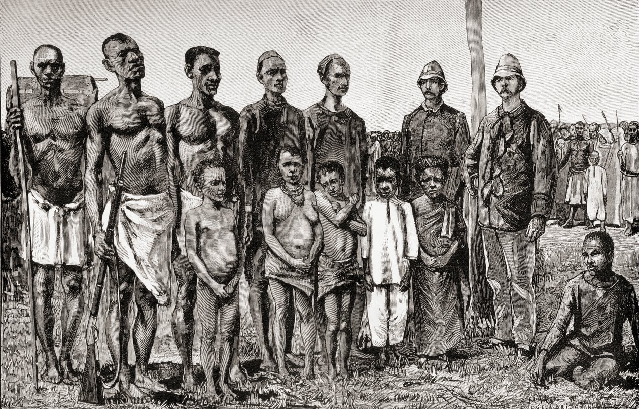 Pigme yerlilerin İngiliz subaylarla karşılaştırılması, Sudanlılar ve Zanzibarlılar, 1890 (ahşap oymacılığı) by English School