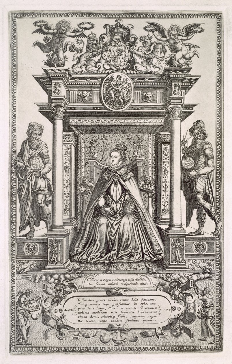 Coğrafya ve Astronomi Patronu olarak Kraliçe I. Elizabeth (1533-1603), İngiltere Sakson Haritaları kitabının ön yüzü, 1579 by English School
