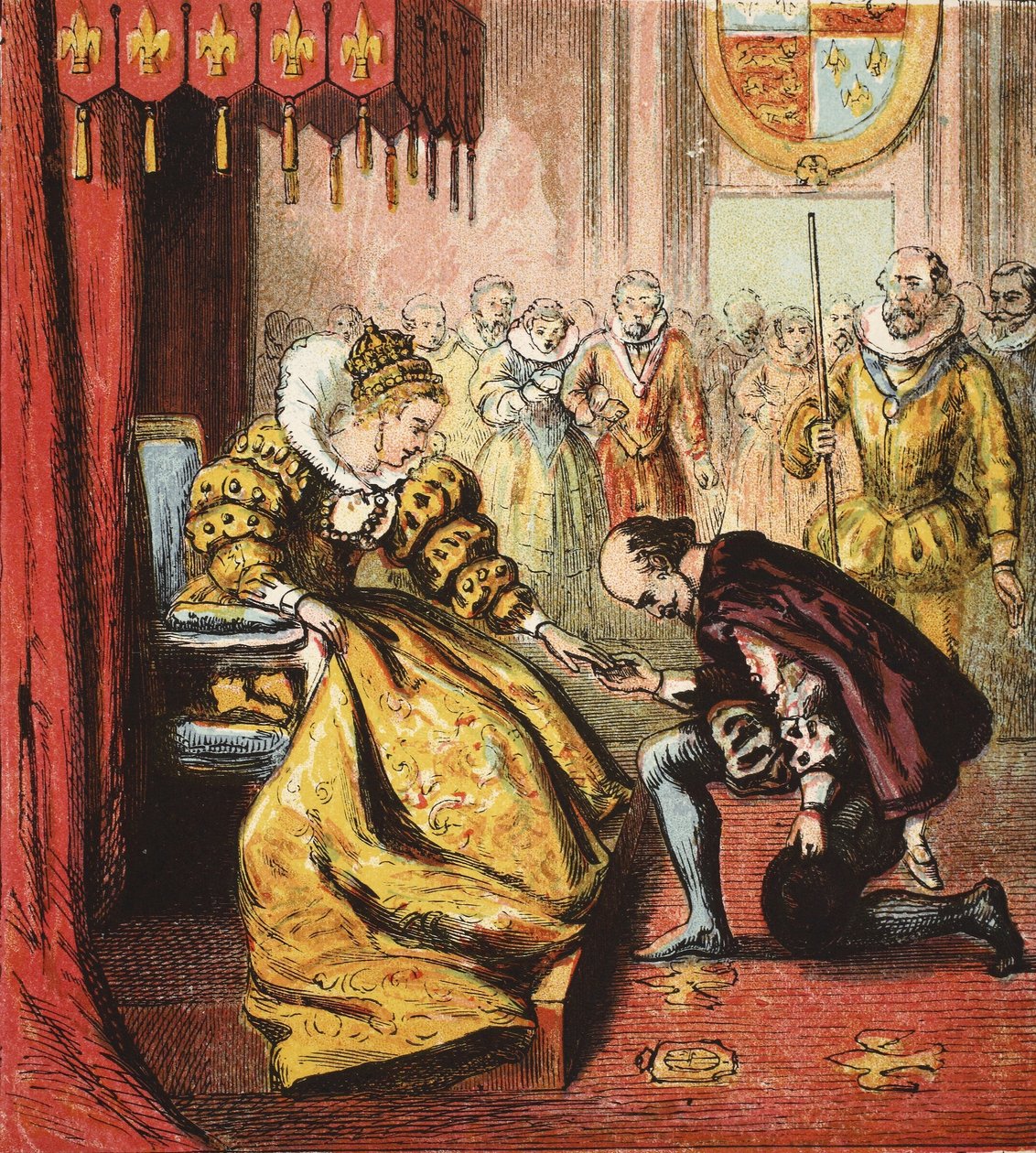 Kraliçe I. Elizabeth ve Shakespeare, pub. 1890 (renkli gravür) by English School
