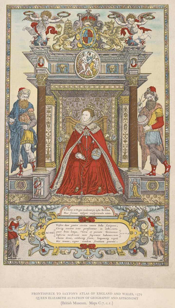 Coğrafya ve astronominin hamisi olarak Kraliçe Elizabeth. Saxton