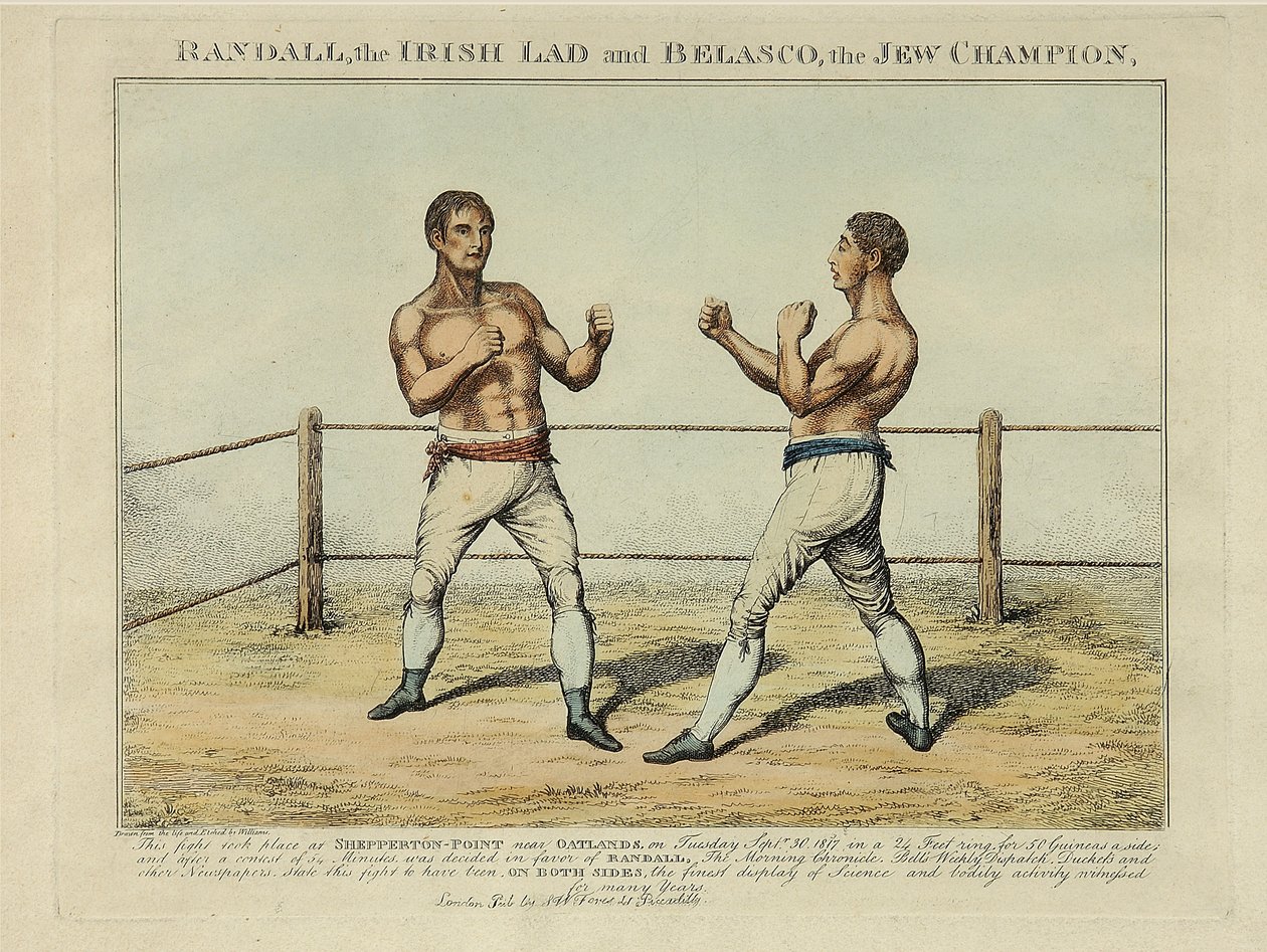 Randall, İrlandalı Delikanlı ve Yahudi Şampiyonu Belasco, Williams tarafından oyulmuş (renkli gravür) by English School