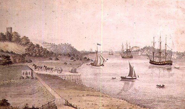 Nakliye ve Dover Coach ile nehir manzarası, c.1800 (kalem ve yıkama) (72977 çifti) by English School