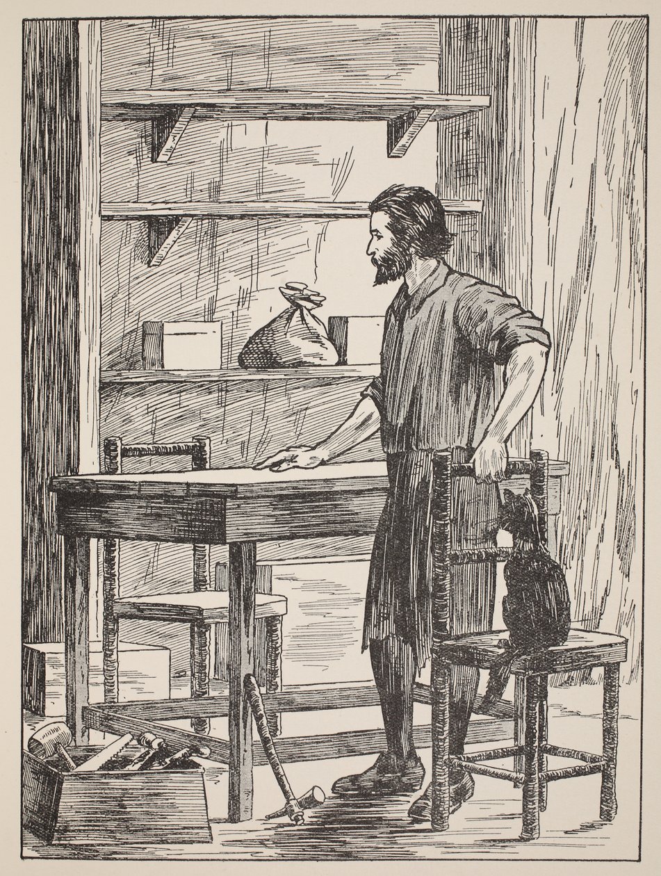Robinson Crusoe mağarası için masa ve sandalyeler yapıyor, The Story of Robinson Crusoe: Defoes dilini izleyen çocuklar için bir uyarlama, pub. Griffith Farran Browne & Co. Limit tarafından by English School