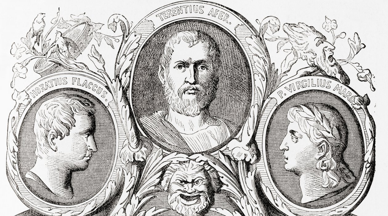 Romalı yazarlar, soldan sağa, Ward and Lock's Illustrated History of the World'den Horace, Terence ve Virgil, pub. 1882 dolayları by English School
