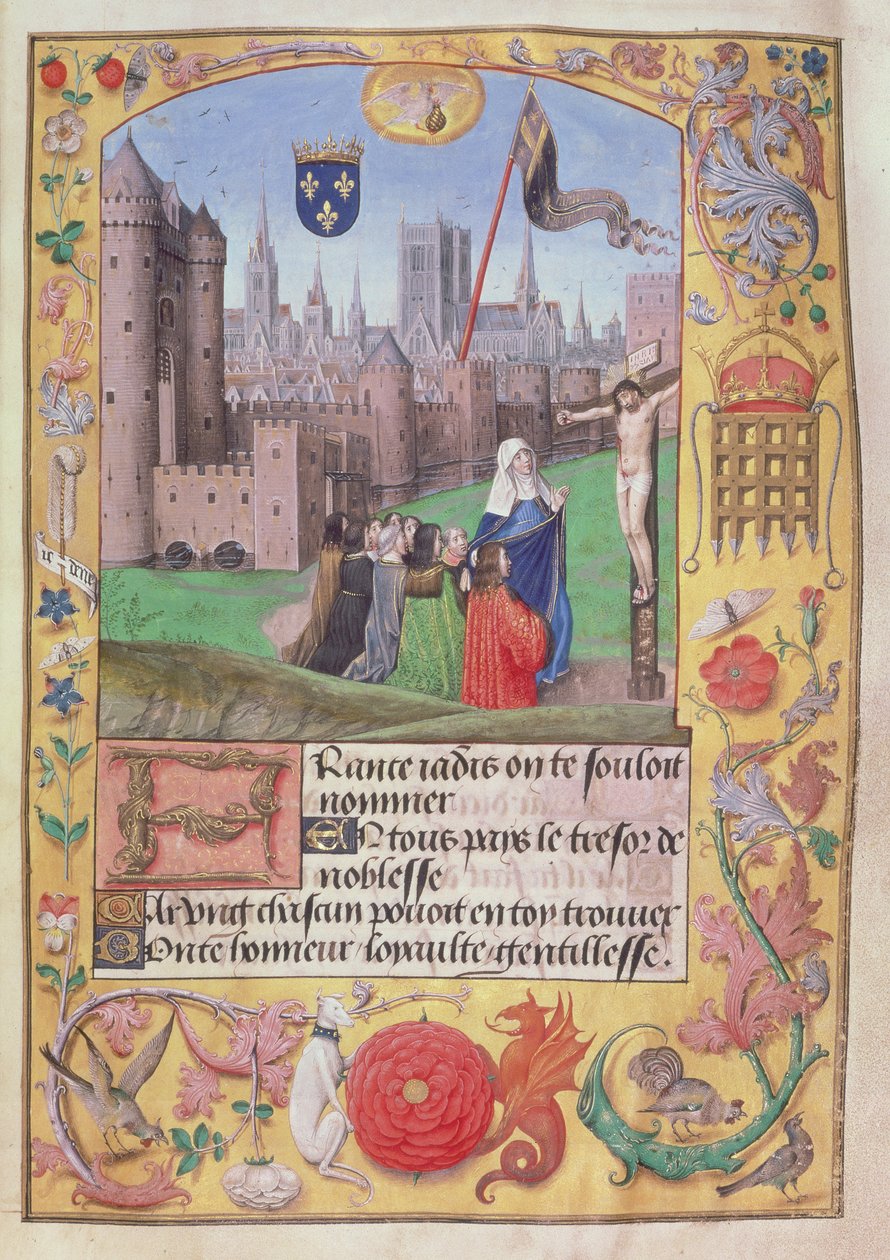 Roy 16 F II f.89 Notre Dame, Paris, kolları emalize edilmiş halde gösteriyor, aşağıda Bakire Çarmıha Gerilmeden önce diz çökmüş dokuz figürü koruyor, Poems of Charles, Duke of Orleans, c.1500 (parşömen) by English School
