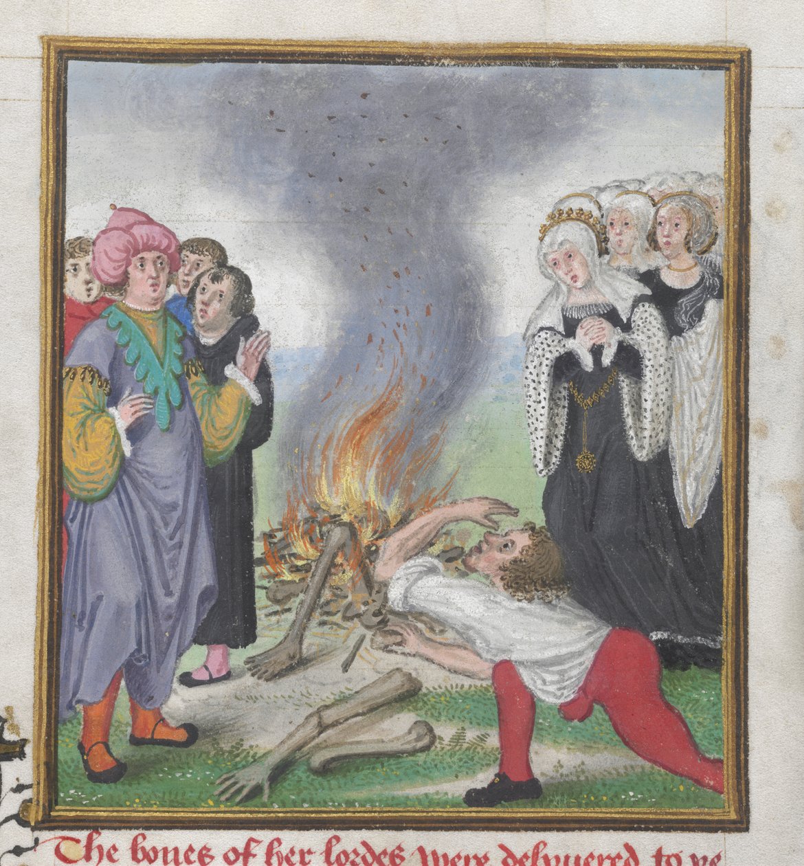 Roy 18 D II f.161 Theseus, Thebes Kralı Creon tarafından katledilen Atinalıların cesetlerini yakıyor, John Lydgate