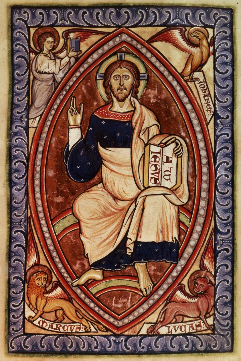 Roy 2 A XXII f.14 Evanjelistlerin Sembolleriyle Majestelerinde Mesih, Westminster Psalter