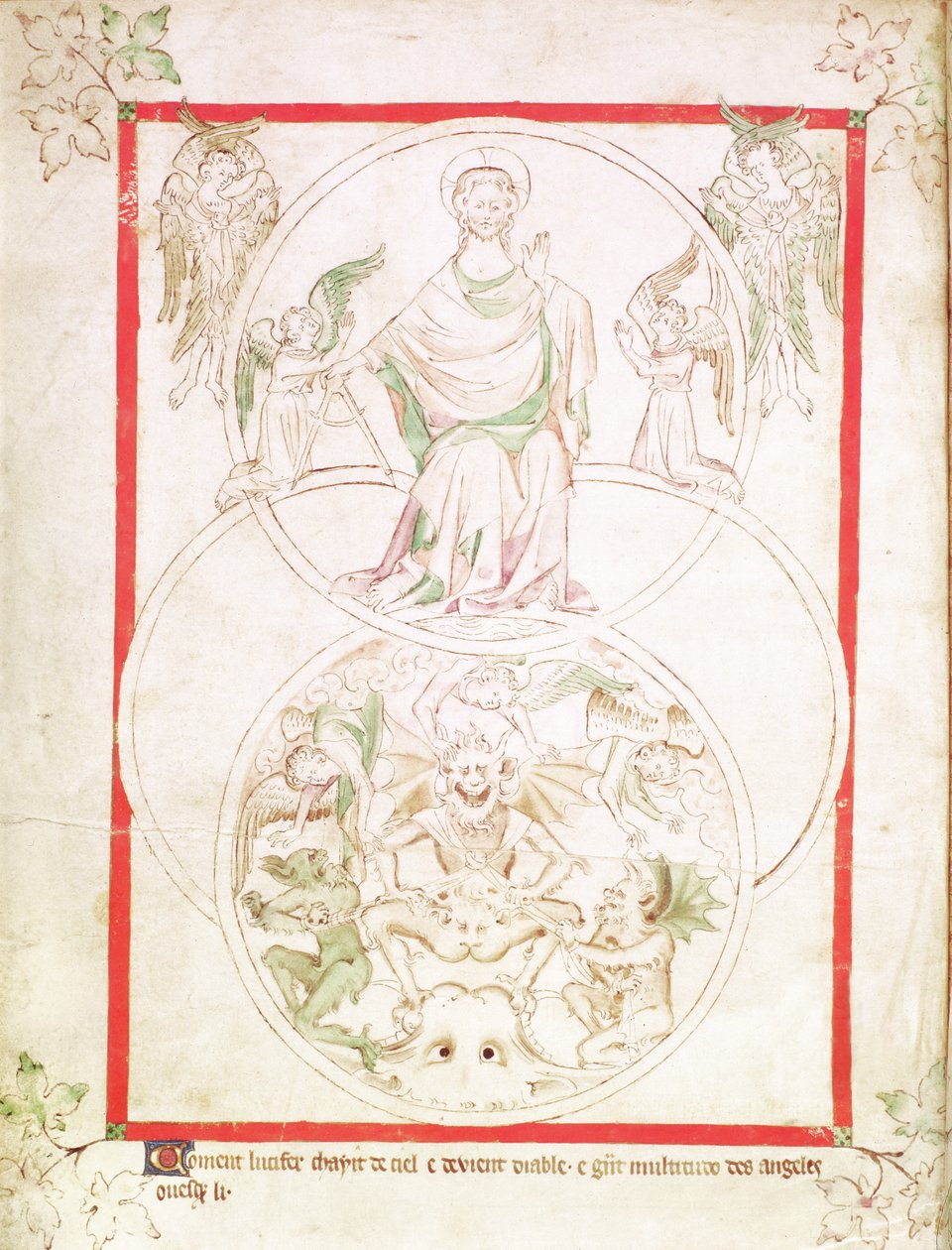 Roy 2 B VII f.1v The Fall of Lucifer, the Fall of the Queen Mary Psalter, c.1310-20 (parşömen) by English School