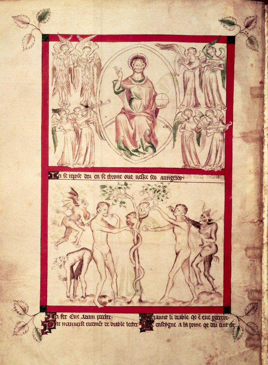 Roy 2 B VII f.3v Müzisyen meleklerle çevrili bir mandorladaki Tanrı, Kraliçe Mary Psalter