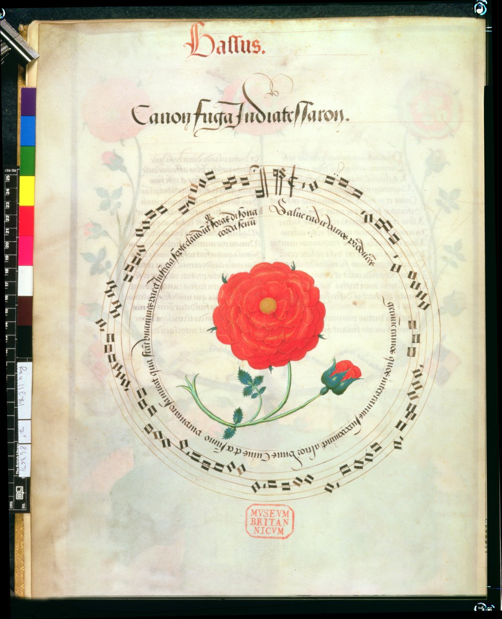 Roy II E XI f.2v Canon, dairesel çıtalar ve merkezde gül ile, Motets by Richard Sampson (parşömen) by English School